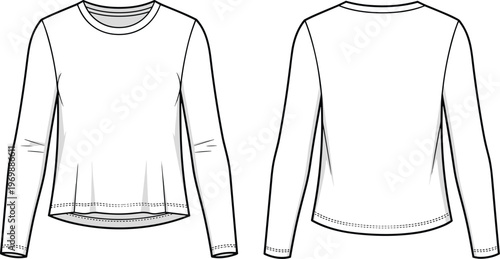 Minimalist White Long Sleeve T-Shirt Fashion Flat Sketch: Front and Back Views for Apparel Design, Technical Drawing, and Fashion Illustration Templates