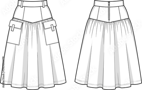 Fashionable Midi Skirt Technical Drawing for Designers: A Line Silhouette with Cargo Pockets, Perfect for Apparel Design and Fashion Illustration Projects