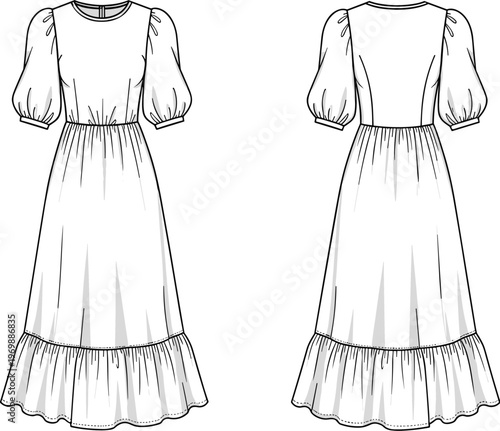 Fashionable Maxi Dress Technical Drawing for Designers: A Flowing Garment Illustration for Pattern Making and Apparel Design Projects