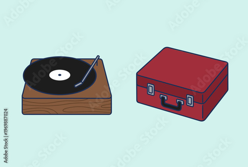 Vintage Vinyl Record Player Turntable and Retro Red Suitcase Case Isolated on Light Blue Background, Analog Music Audio Equipment Vector Illustration