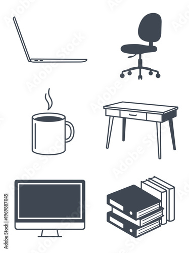 Modern Home Office Workspace Equipment Icons Set with Laptop Computer, Desk, Chair, Coffee Mug, Monitor and Stack of Books Folders Vector Symbols