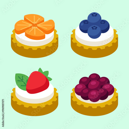 Delicious Assorted Fruit Tarts and Berry Pastries Set with Strawberry, Blueberry, Blackberry and Orange Toppings, Sweet Bakery Dessert Food Icons