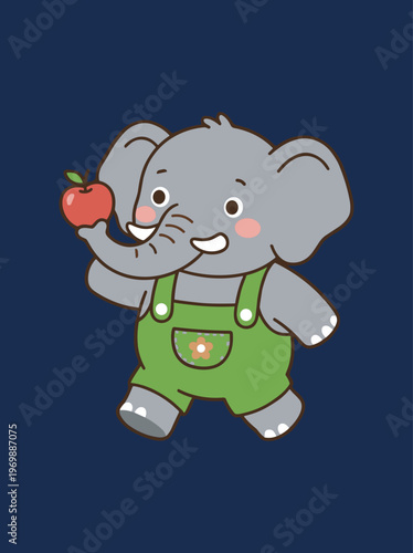 Cute Baby Elephant Character Wearing Green Overalls Holding a Small Red Apple with Trunk, Friendly Cartoon Animal Mascot Vector Illustration for Kids