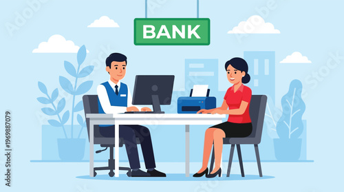 Modern Bank Teller Helping Female Customer with Financial Services and Account Management at Professional Office Desk Illustration