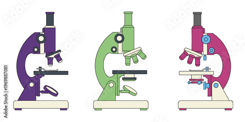 Laboratory Optical Microscope Equipment Set in Different Colors, Science Research Tool for Biology Chemistry and Medical Study Vector Illustrations