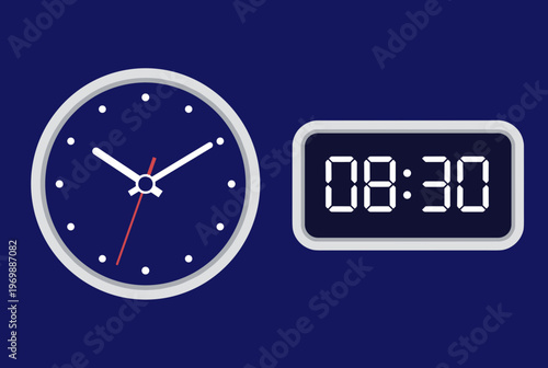 Analog Wall Clock and Digital Desktop Alarm Clock Showing Same Time 08:30 on Dark Blue Background, Time Management and Schedule Concept Illustration