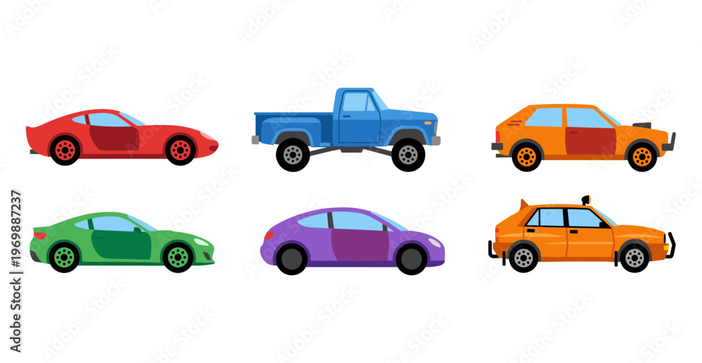 Fototapeta premium Collection of Various Vehicle Icons Including Sports Cars Pickup Truck and Hatchback Models, Automotive Transportation Flat Vector Illustration