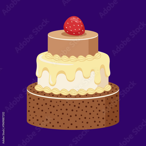 Three Tiered Chocolate and Vanilla Layer Cake Topped with Fresh Strawberry and Cream Drip for Birthday and Wedding Celebration Isolated on Purple Vector