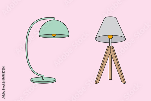 Pair of Modern Interior Table Lamps Featuring Mint Green Arched Desk Light and Wooden Tripod Lamp with Grey Shade for Home and Office Decoration Vector