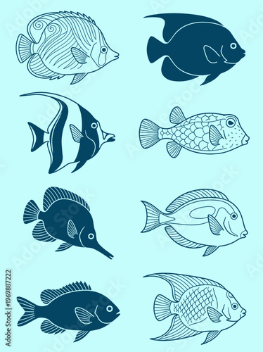 Set of Tropical Fish Vector Line Art and Silhouettes, Marine Life Collection Including Angelfish Butterflyfish and Surgeonfish for Aquarium Decor