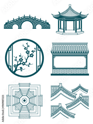 Traditional Chinese Architectural Elements Set Featuring Stone Bridge Pagoda Pavillion Roof Tiles and Floral Window Frames in Blue Line Art Style Vector