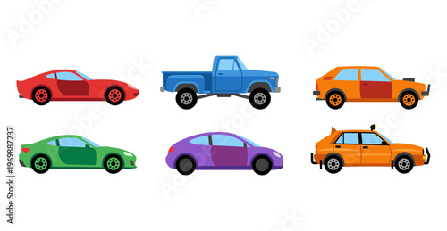 Collection of Various Vehicle Icons Including Sports Cars Pickup Truck and Hatchback Models, Automotive Transportation Flat Vector Illustration