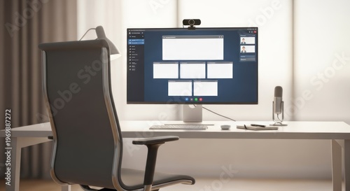 A modern home office setup with a computer, chair, and microphone. The desk is clean and minimalistic, with a large monitor displaying a video conferencing interface.