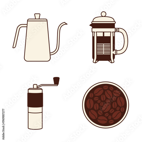 Coffee Brewing Equipment Set Including Gooseneck Kettle French Press Hand Grinder and Roasted Beans, Cafe Culture and Barista Tools Vector Icon