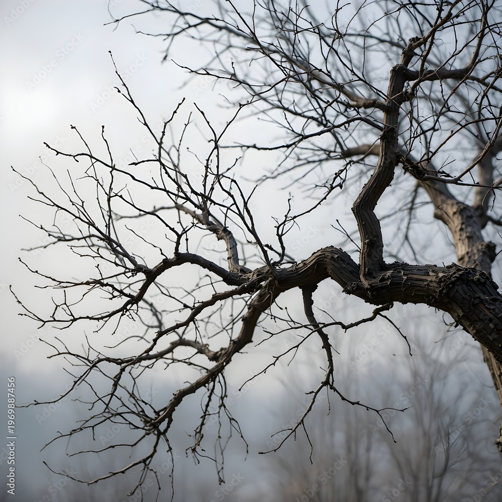 Obraz premium A close-up of bare tree branches against a bright overcast sky natural texture,