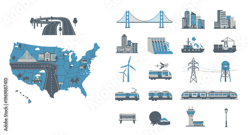 American Infrastructure Icons and Map.