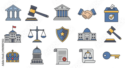 Justice law icons and symbols set.