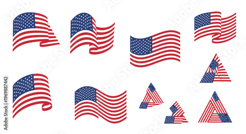 American Flags in Various Shapes Waving.