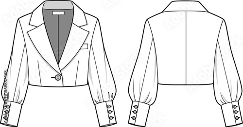 Fashionable Cropped Blazer Illustration for Design Projects: Detailed Fashion Design Drawing of a Modern Blazer with Stylish Sleeve and Elegant Silhouette