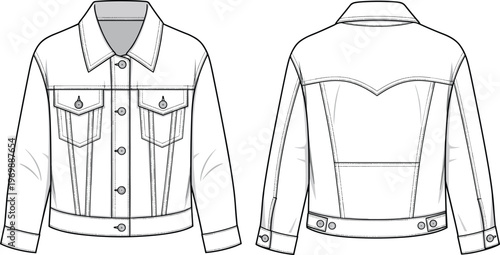Technical Fashion Drawing of a Denim Jacket: A Versatile Mockup for Designers, Illustrators, and Fashion Enthusiasts Creating Garment Schematics