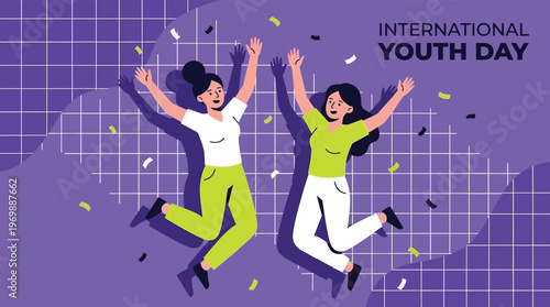 Two Happy Diverse Young Women Jumping and Celebrating International Youth Day Flat Vector Illustration for Social Media and Marketing