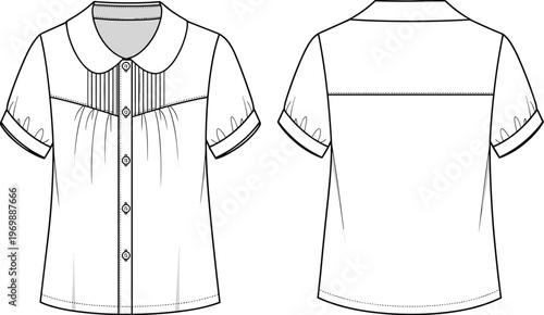 Fashionable and Contemporary Blouse Illustration: A Modern Wardrobe Staple with Short Sleeves, Pleated Details, and Clean Lines, Perfect for Technical Drawings and Fashion Design