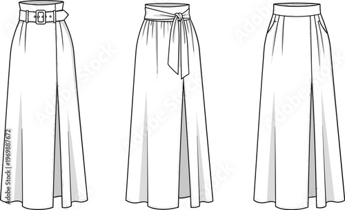 Fashion Forward: Vector Illustration of Elegant Maxi Skirts with Belt, Tie Waist & Pocket Accents for Apparel Design and Technical Drawings