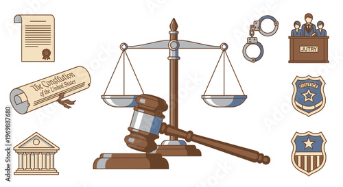 Justice scale with gavel and law symbols.