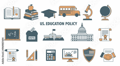 Education policy icons on white background.