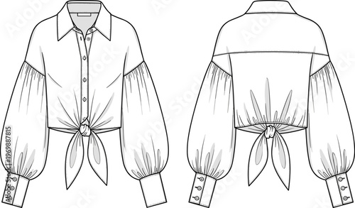 Fashion Forward:  Elegant Tie-Front Blouse Design Template for Designers and Brands, Featuring Dramatic Balloon Sleeves and a Modern Cropped Silhouette for Fashion Sketches