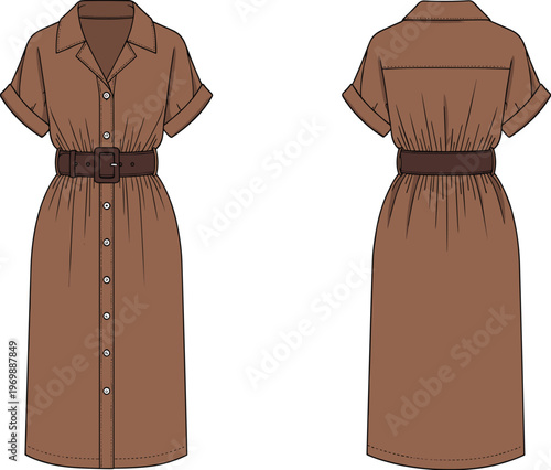 Fashionable Midi Dress Illustration with Belt:  Front and Back View for Clothing Design, Product Catalogs, and Style Guides, Presenting a Contemporary Brown Button-Down Garment