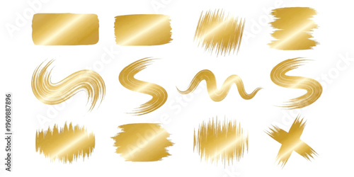 A collection of twelve diverse golden metallic brush strokes isolated on a clean white background