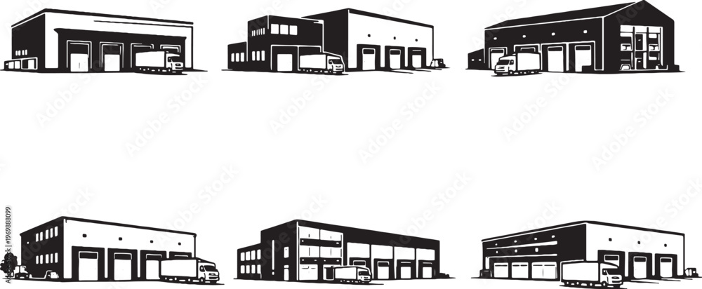 Fototapeta premium Warehouse Buildings Silhouette Set, Logistics Depot, Distribution Center, Storage Facility Architecture Vector Collection