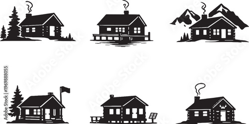 Wilderness Cabins Silhouette Set Forest Lake Mountain Off Grid Hunter Ranger Cabin Houses Vector