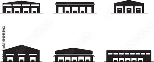 Warehouse building silhouettes bundle, logistics storage architecture icons set, distribution center industrial buildings black silhouette collection