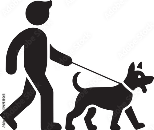 Dog Walking Icon ,Person Walking Pet on Leash Silhouette Illustration