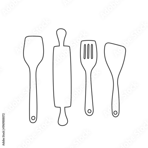 Simple line art illustration of essential baking tools including rolling pin and spatulas. Great for homemade bakery logos, recipe cards and culinary educational materials.