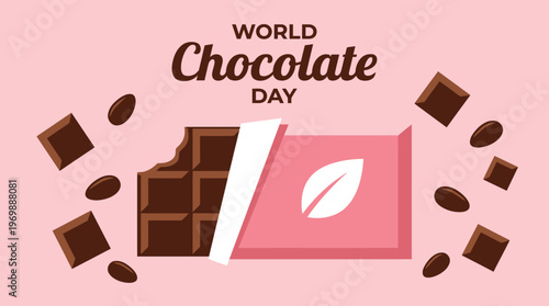 World Chocolate Day Creative Illustration with Bitten Chocolate Bar and Cocoa Beans on Pink Background for Social Media Marketing