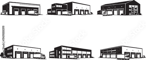 Warehouse Buildings Silhouette Set, Logistics Depot, Distribution Center, Storage Facility Architecture Vector Collection