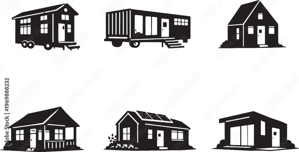 Fototapeta premium Small Homes Tiny Houses Silhouette Bundle Compact Living House Set Mobile Container Prefab Icons Black Isolated Vector
