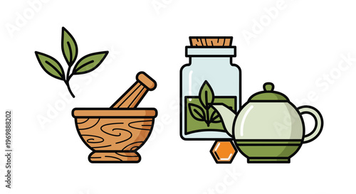 Herbal medicine setup with mortar bottle and teapot on for health and wellness concepts, Generative AI.