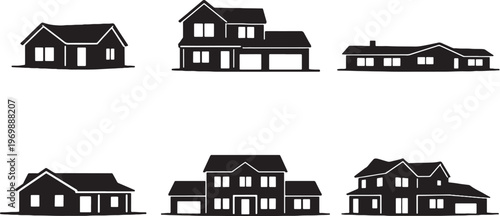 Suburban family house silhouette bundle, black residential home icons set, suburban houses with gable roof ranch house silhouettes isolated on white