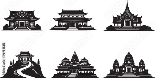 Temples and Shrines Silhouette Set Japanese Chinese Southeast Asian Buddhist Monastery Architecture Vector