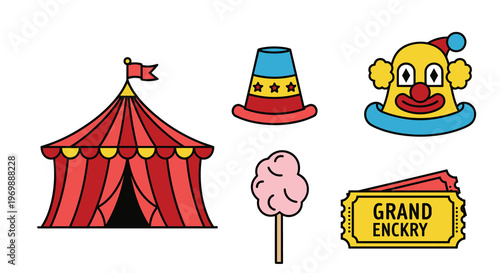 Colorful cartoon circus icons including a red tent clown hat cotton candy and tickets, Generative AI.