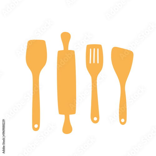 Simple solid silhouettes of kitchen utensils including a rolling pin and spatulas. Perfect for warm restaurant branding, cooking blogs and creative recipe card designs.