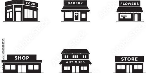 Small shop silhouettes bundle, retail storefront icons set, bakery flower shop convenience store buildings black silhouette collection