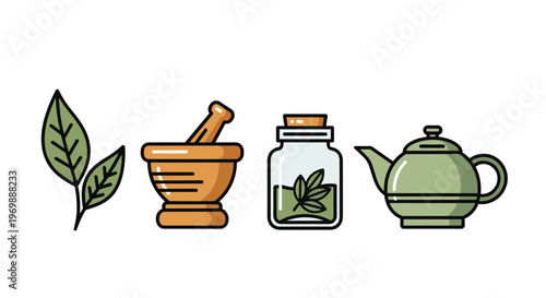 Herbal medicine icons including leaves mortar jar and teapot on for health and wellness concepts, Generative AI.