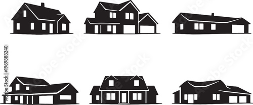 Suburban Family Houses Silhouette Bundle Set Residential Home Icons Classic Suburb Architecture Black Isolated Vector