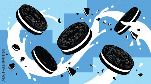 Modern Vector Illustration of Chocolate Sandwich Cookies and Milk Splashes for Snack Food Marketing