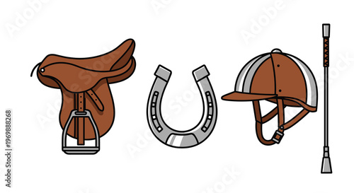 Equestrian equipment set including saddle horseshoe riding helmet and crop, Generative AI.